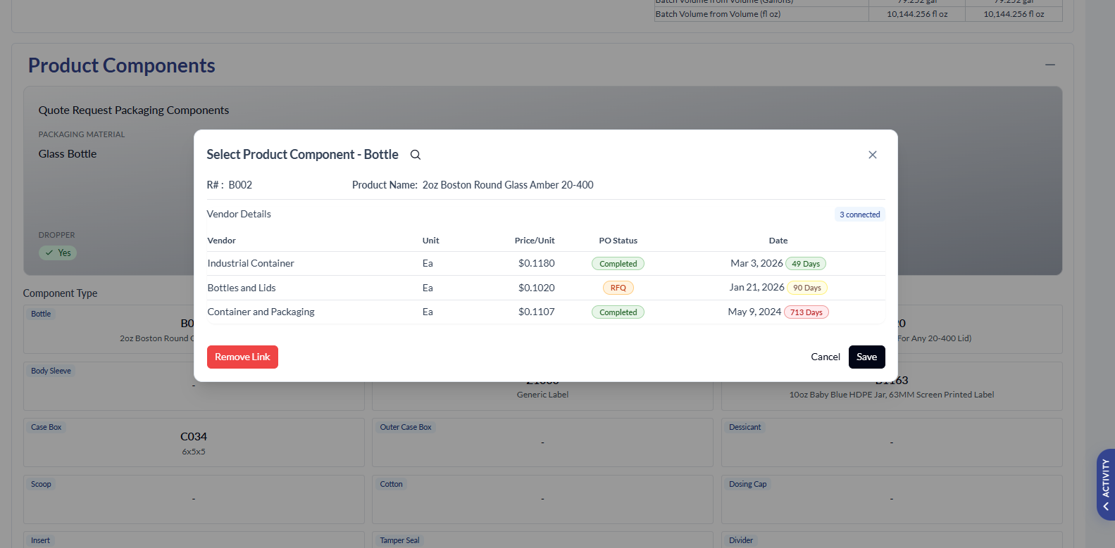 Select Product Component - Bottle with vendor pricing from Acctivate