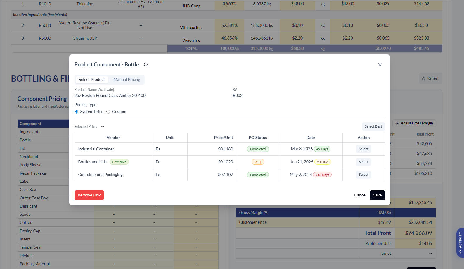 Bottling & Filling Product Component pricing