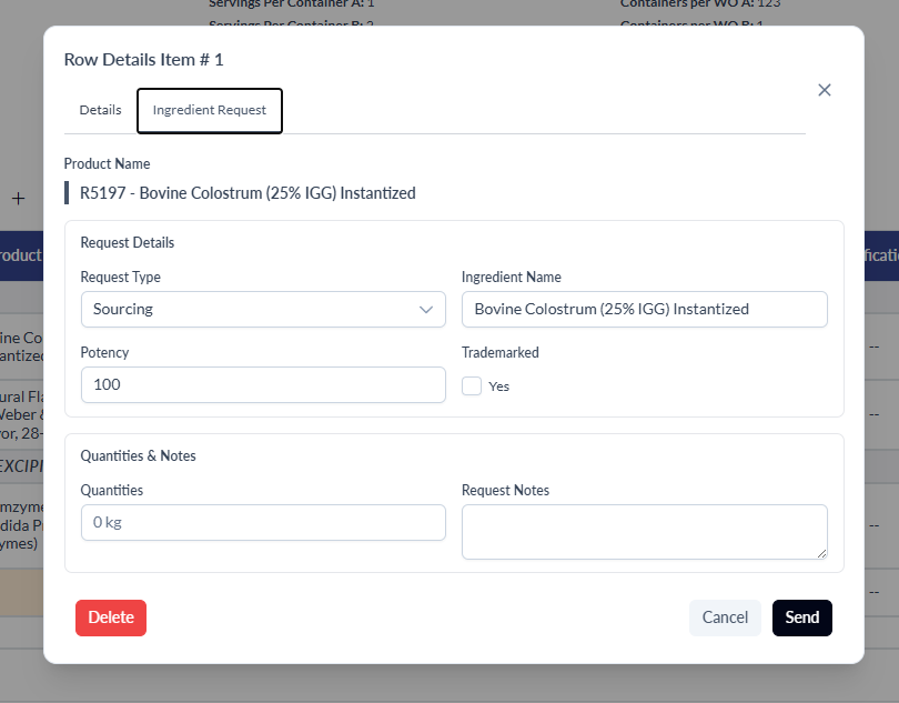 Redesigned Ingredient Request form with grid-based column layout