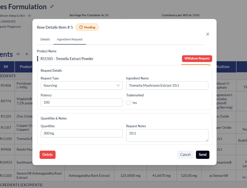 Withdraw Request button on a Pending ingredient request