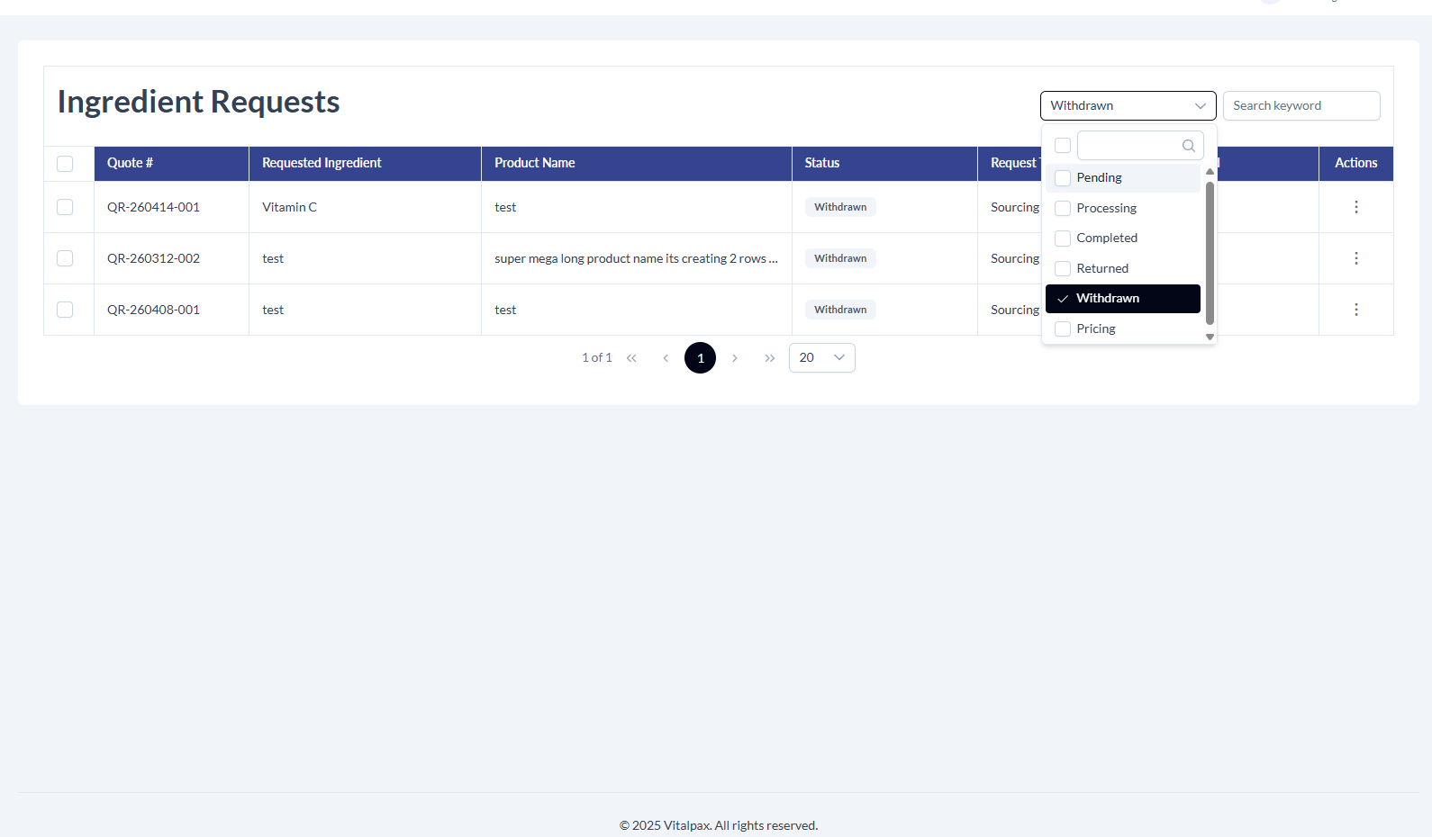 Withdrawn status filter on the Ingredient Requests table