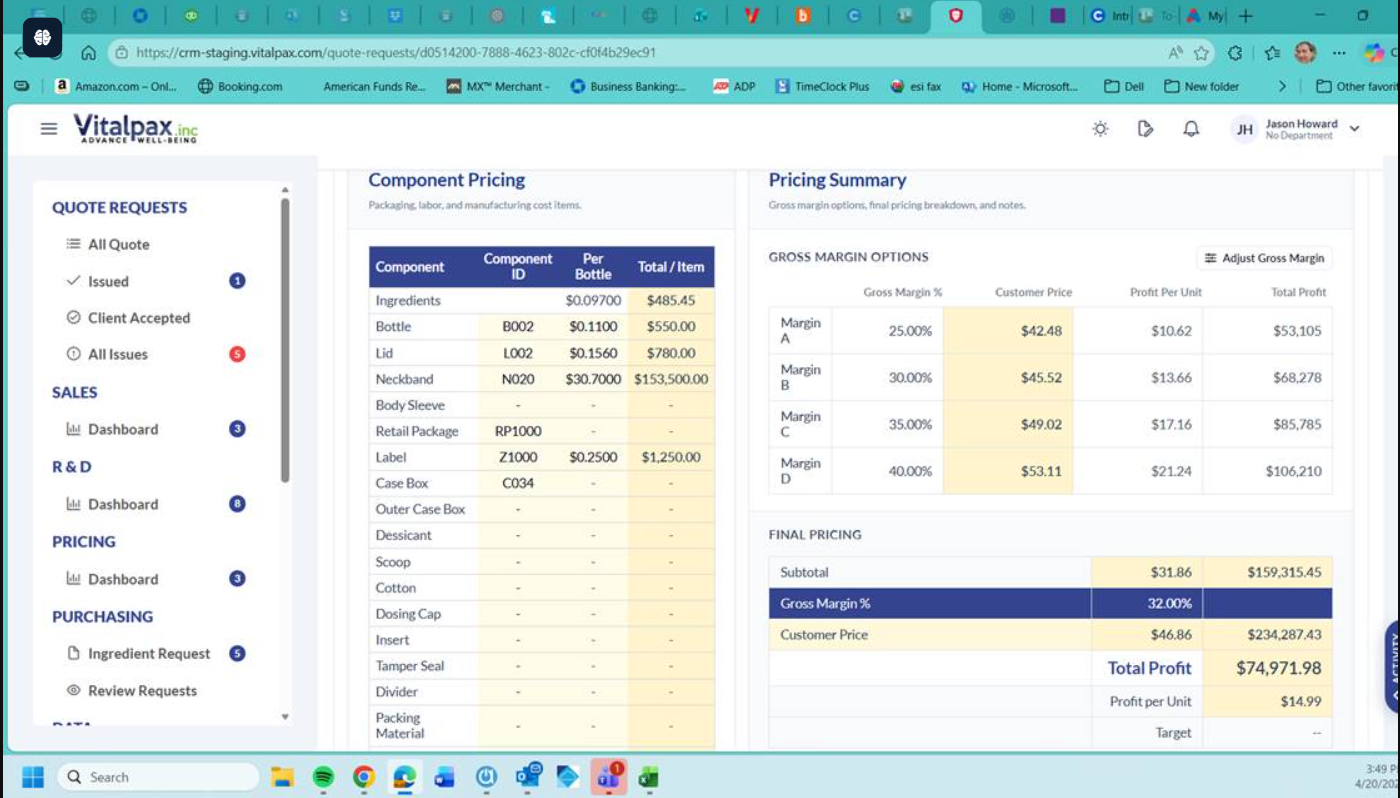 QR-260311-004 component pricing and pricing summary as seen by Jason Howard