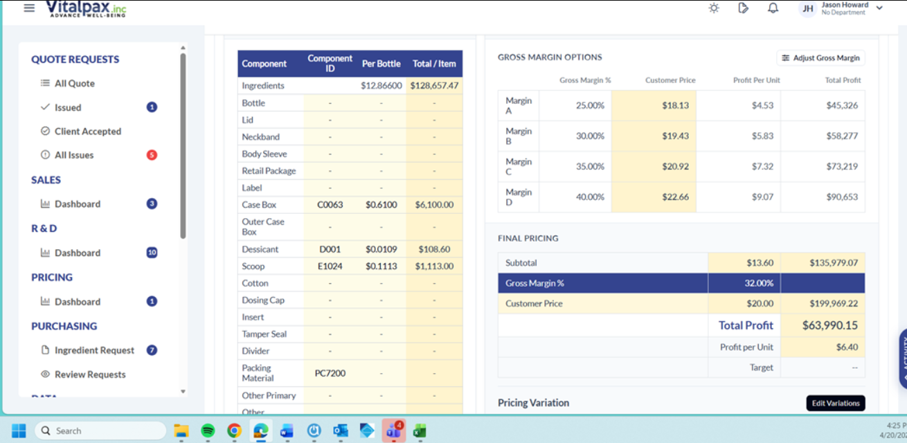 QR-260311-004 per-bottle component pricing breakdown reported by Jason Howard