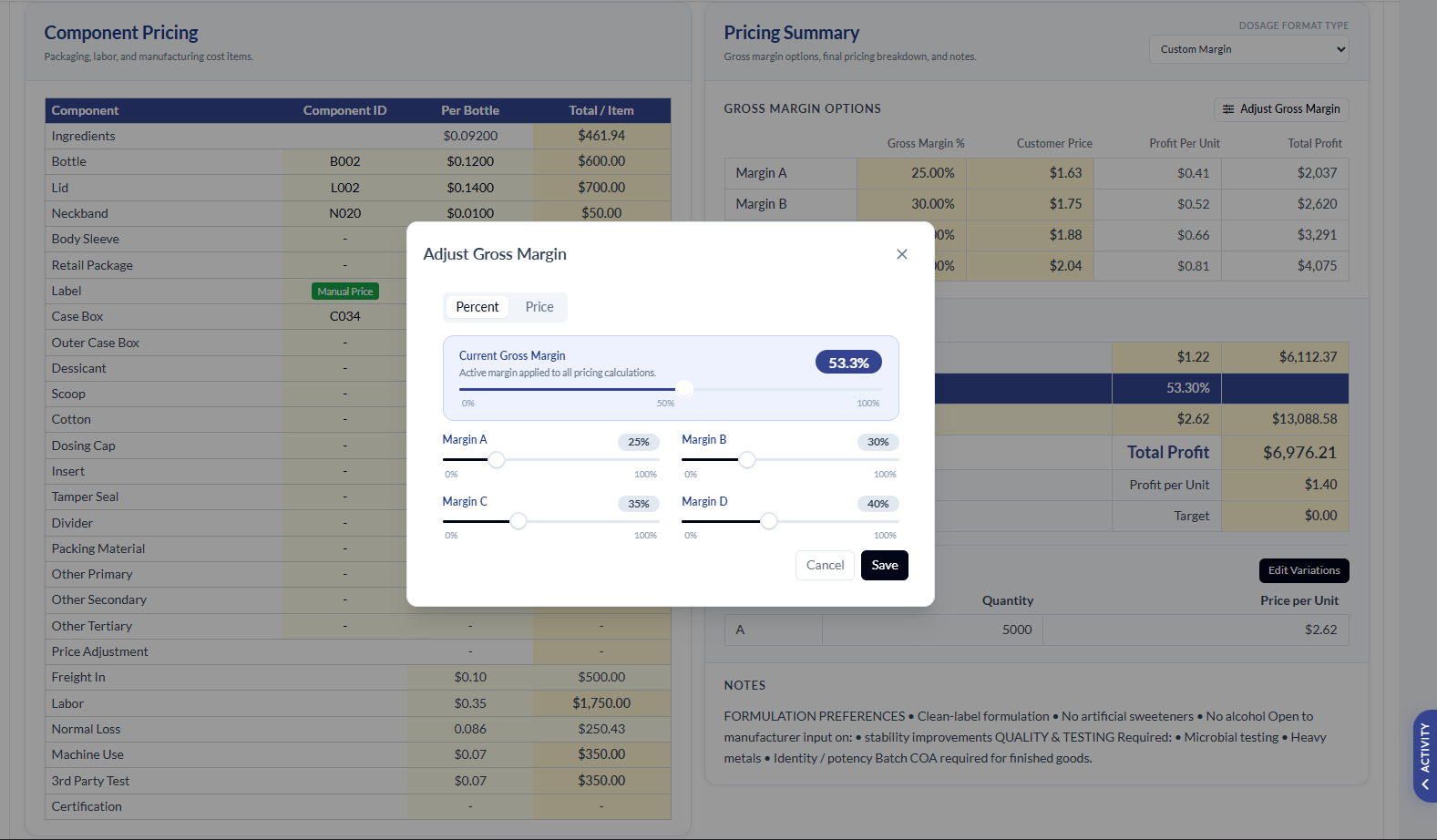 Adjust Gross Margin modal with editable Margin A/B/C/D rows and a Current Gross Margin field