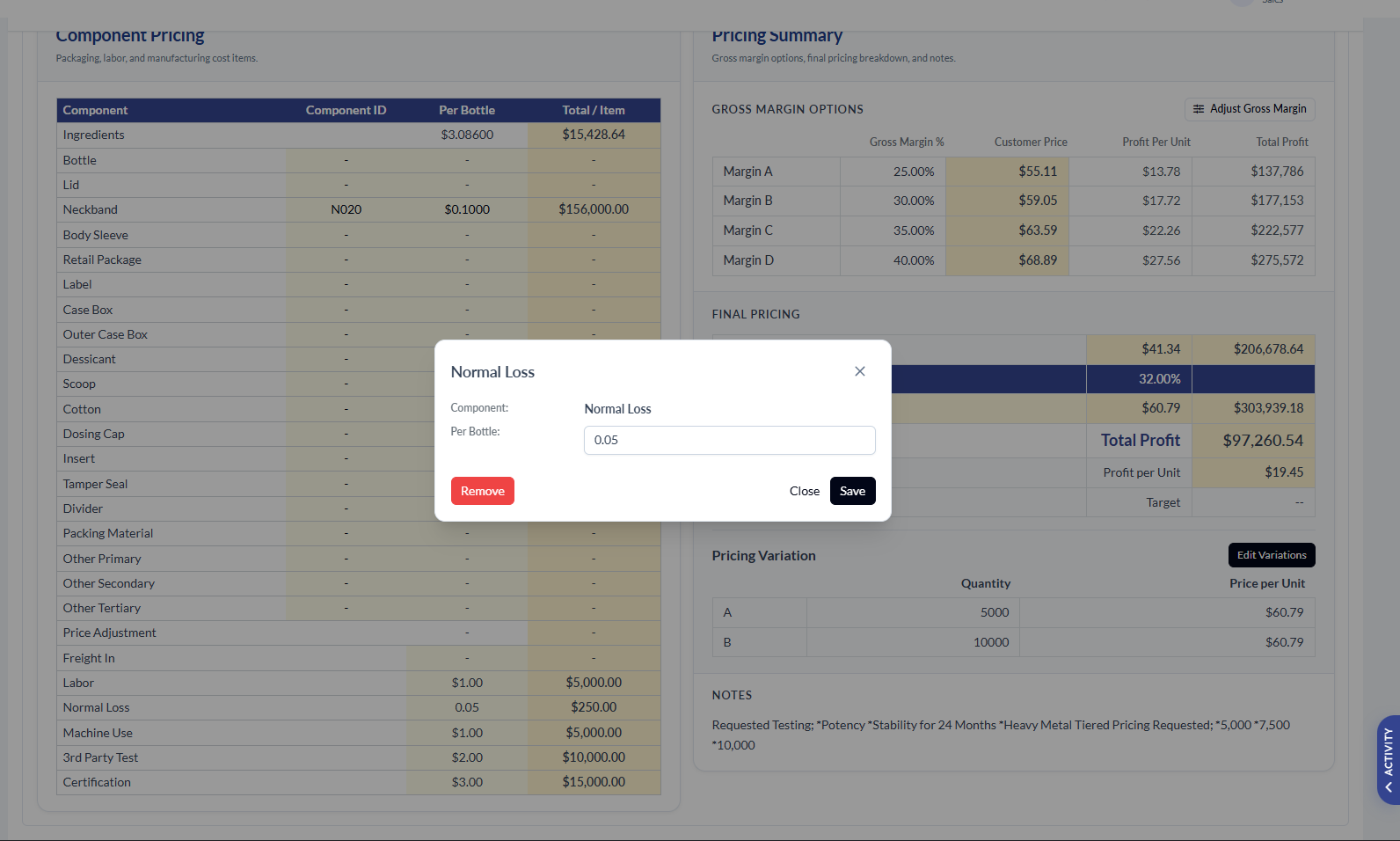 Normal Loss component dialog with the Per Bottle field set to 0.05 (5%) and a Save button