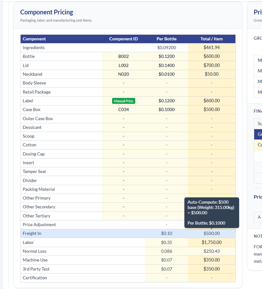 Component Pricing showing Freight In with an Auto-Compute tooltip: $500 base for 315 kg shipment, $0.10 per bottle