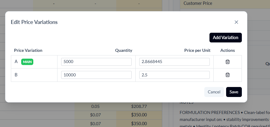 Edit Price Variations modal with Variation A pinned as MAIN at 5000 qty and Variation B at 10000 qty