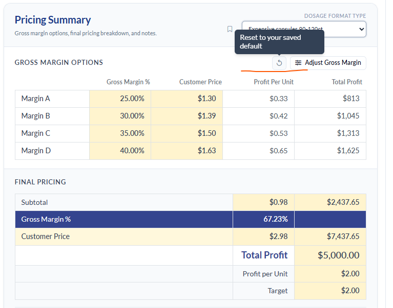 Pricing Summary with the Reset to your saved default tooltip and circular reset icon, showing Expensive Capsule 90-120ct selected and $2.00 profit per unit