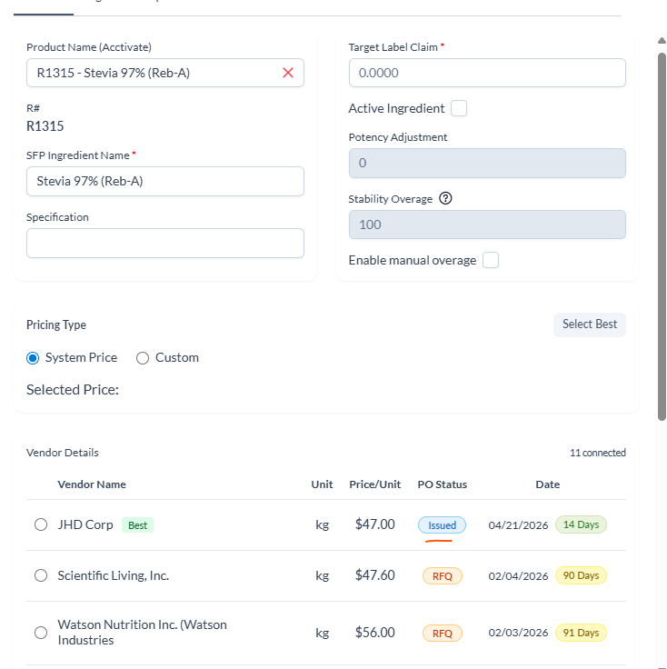 SFP Ingredient editor for R1315 Stevia 97% (Reb-A) with Vendor Details listing JHD Corp (Best), Scientific Living, Inc., and Watson Nutrition Inc., with PO Status badges Issued and RFQ