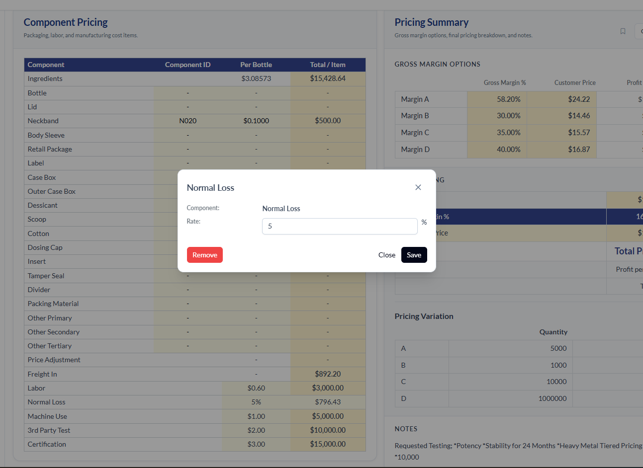 Normal Loss modal dialog with Rate field set to 5 and a % suffix next to the input, Remove / Close / Save buttons. Behind the dialog, the Component Pricing table shows the Normal Loss row at 5% Per Bottle and $796.43 Total / Item, alongside a Pricing Summary with margin tiers.