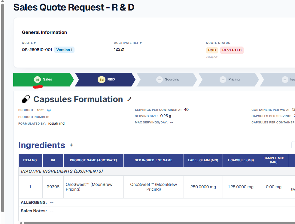 The Sales Quote Request - R&D page for QR-260810-001 Version 1, Acctivate Ref # 12321, whose quote status reads R&D beside a red REVERTED pill. In the workflow tracker the completed Sales stage is green and carries its own age badge of '1d', underlined in red, while the active R&D stage in navy shows '5d' - both stages colour-coded by age rather than only the current one. Sourcing, Pricing and the stages beyond remain grey. Below, a Capsules Formulation panel for product 'test' formulated by josiah rnd shows servings per container of 40 and a 0.25 g serving size, above an Ingredients table listing OnoSweet (MoonBrew Pricing), R9398, with a 250 mg label claim and 125 mg per capsule.