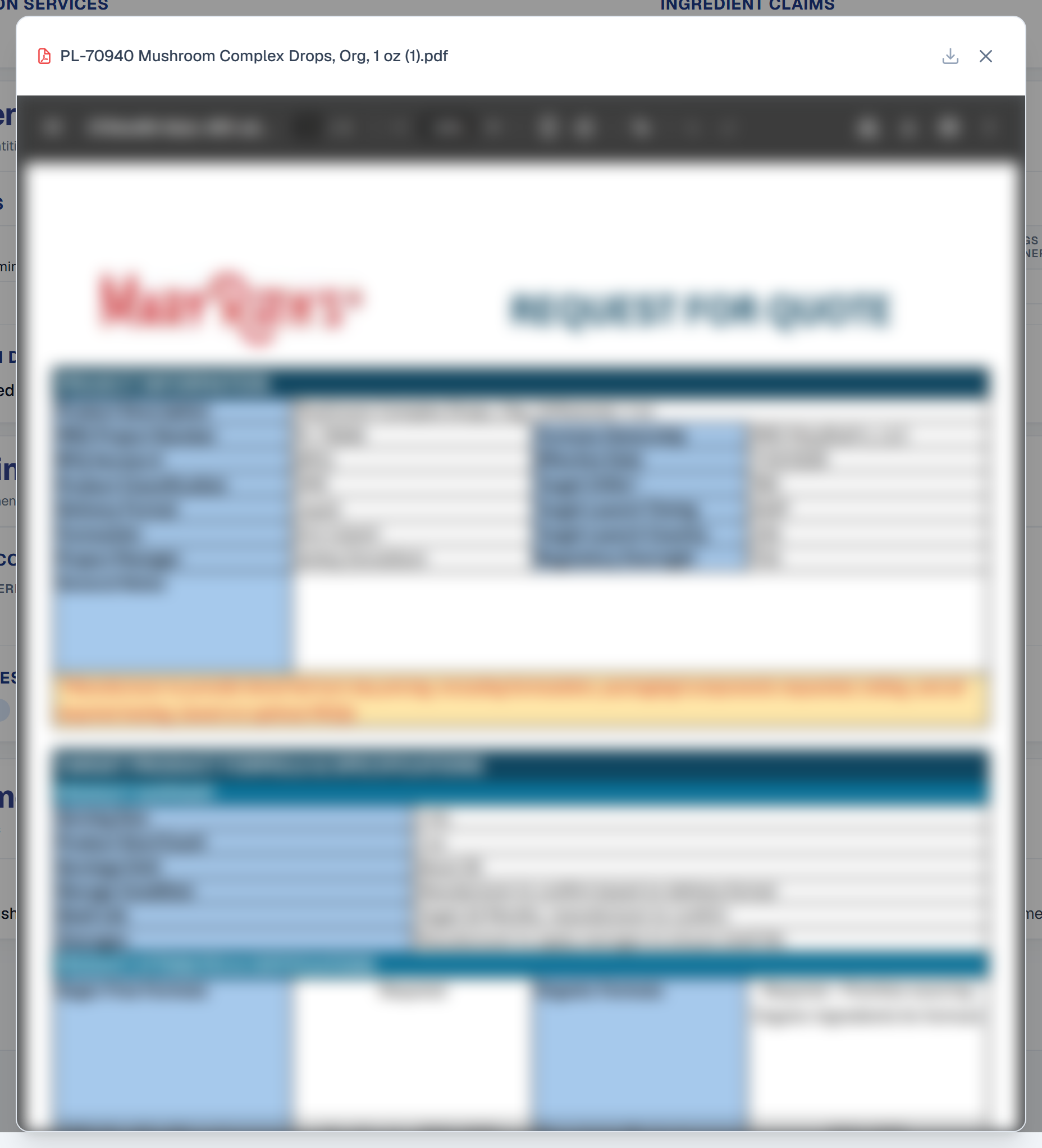 A PDF preview modal opened over a quote request, its header reading 'PL-70940 Mushroom Complex Drops, Org, 1 oz (1).pdf' beside a red PDF icon, with a download arrow and a close X on the right. The body embeds the browser's built-in PDF viewer, its dark toolbar across the top and a rendered Request for Quote document below showing a red vendor logo, blue-headed detail tables and an amber highlighted note row. The quote page's CERTIFICATION SERVICES and INGREDIENT CLAIMS headings remain visible behind the dimmed overlay.