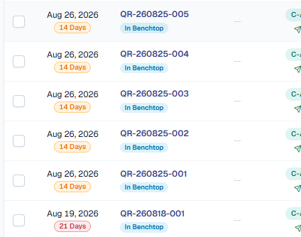 A section of the quote list showing six rows dated Aug 26, 2026 and Aug 19, 2026 - QR-260825-005 down to QR-260825-001 and QR-260818-001 - each with a selection checkbox and an amber age pill reading 14 Days, or a red 21 Days on the older row. Under every quote number sits a new blue 'In Benchtop' pill linking straight to that quote's benchtop sample, with a green C-A status chip and send icon at the right of each row.