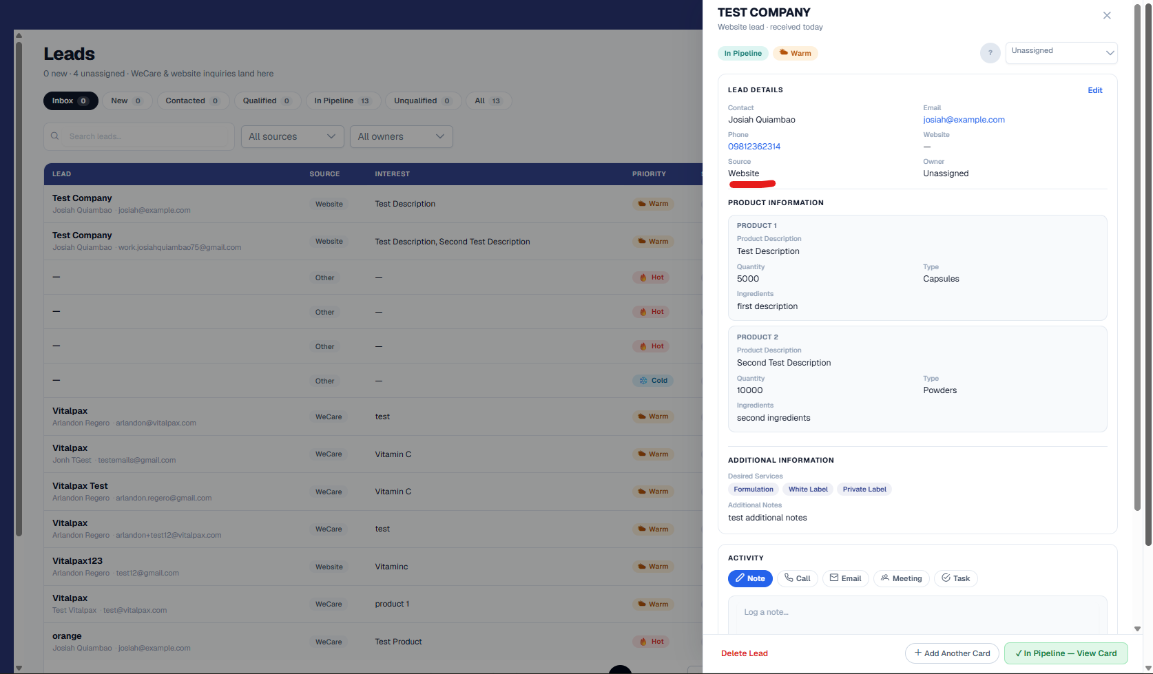 The Leads page, subtitled '0 new - 4 unassigned - WeCare and website inquiries land here', with Inbox, New, Contacted, Qualified, In Pipeline (13), Unqualified and All (13) tabs and All sources / All owners filters. The table lists leads by LEAD, SOURCE, INTEREST and PRIORITY, with two Test Company rows at the top carrying a Website source and Warm priority, followed by WeCare leads for Vitalpax and Vitalpax Test. A detail panel is open on the right for TEST COMPANY, subtitled 'Website lead - received today', tagged In Pipeline and Warm with an Unassigned owner. LEAD DETAILS shows Contact Josiah Quiambao, Email josiah@example.com, Phone 09812362314 and a Source of Website underlined in red. PRODUCT INFORMATION below holds two separate cards - PRODUCT 1 with Product Description 'Test Description', Quantity 5000, Type Capsules and Ingredients 'first description', and PRODUCT 2 with 'Second Test Description', Quantity 10000, Type Powders and Ingredients 'second ingredients'. ADDITIONAL INFORMATION lists Desired Services chips for Formulation, White Label and Private Label plus additional notes, above an ACTIVITY section with Note, Call, Email, Meeting and Task buttons.