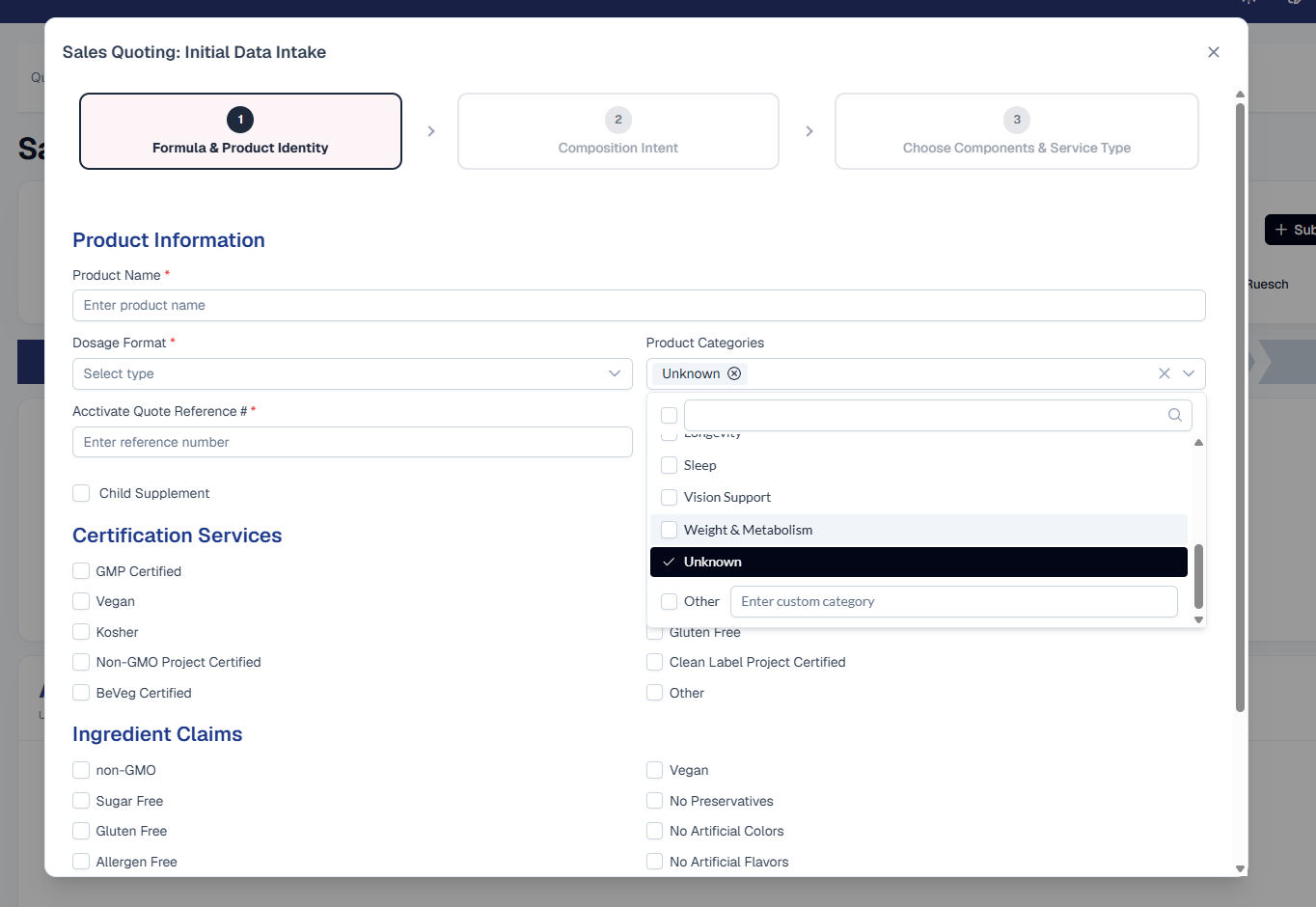 The 'Sales Quoting: Initial Data Intake' wizard on step 1, Formula & Product Identity. The Product Categories multi-select at the top right now holds an 'Unknown' chip with a remove X, and its dropdown panel is open below with a search box above a scrollable checkbox list - Longevity, Sleep, Vision Support, Weight and Metabolism, then 'Unknown' highlighted in black with a tick to show it selected, and 'Other' at the very bottom with an 'Enter custom category' text field beside it. Product Name, Dosage Format and Acctivate Quote Reference # sit on the left with red required asterisks, above a Child Supplement checkbox, the Certification Services list (GMP Certified, Vegan, Kosher, Non-GMO Project Certified, BeVeg Certified, Gluten Free, Clean Label Project Certified, Other) and the Ingredient Claims list.