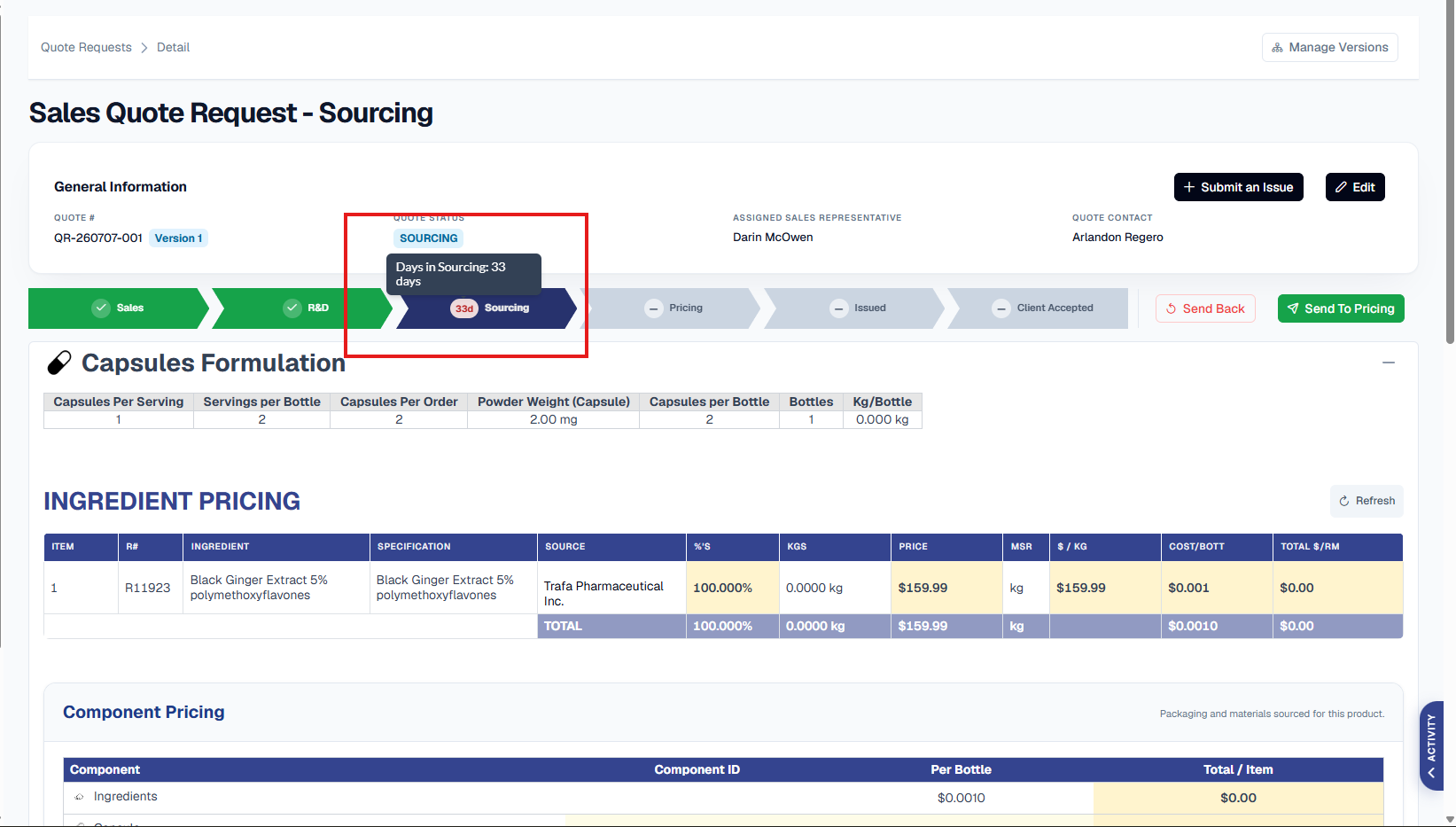 The Sales Quote Request - Sourcing page for QR-260707-001 Version 1, Sales Rep Darin McOwen, contact Arlandon Regero. A red outline highlights the QUOTE STATUS area and the workflow tracker beneath it: the status reads SOURCING and the tracker's active Sourcing step carries a '33d' badge, with a dark tooltip below the status reading 'Days in Sourcing: 33 days'. Sales and R&D show green completed ticks behind it while Pricing, Issued and Client Accepted remain grey ahead, with Send Back and Send To Pricing buttons on the right. Below, a Capsules Formulation summary table and an INGREDIENT PRICING table list item 1 R11923 Black Ginger Extract 5% polymethoxyflavones from Trafa Pharmaceutical Inc. at 100.000%, $159.99 per kg, above a Component Pricing panel.