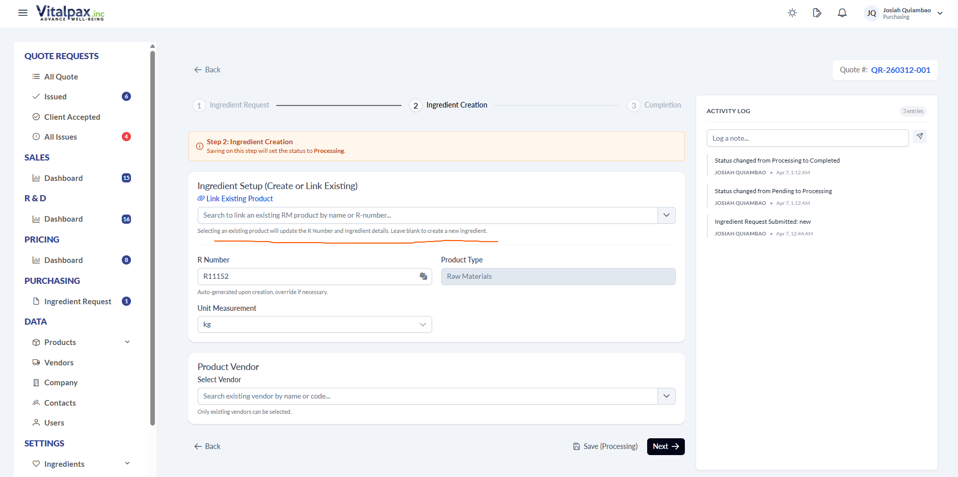 Ingredient relinking screenshot
