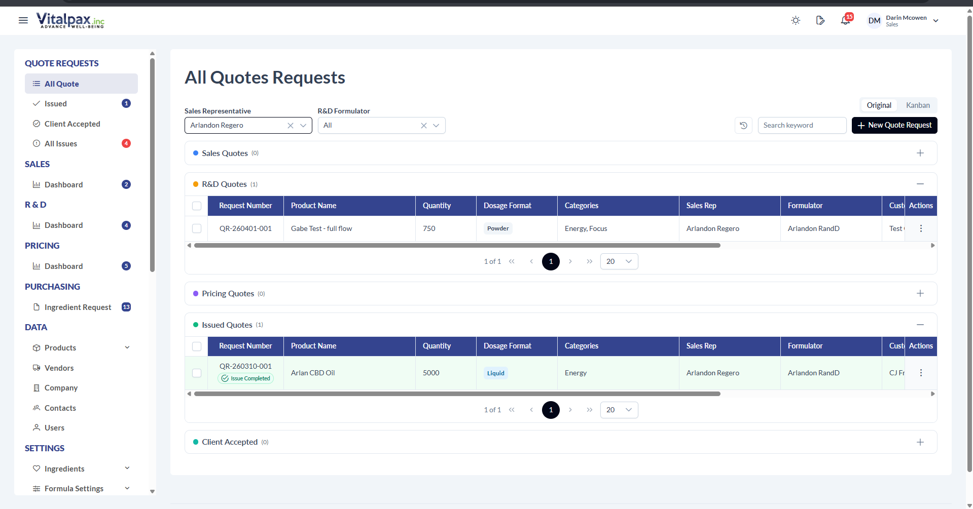Quote table filtering