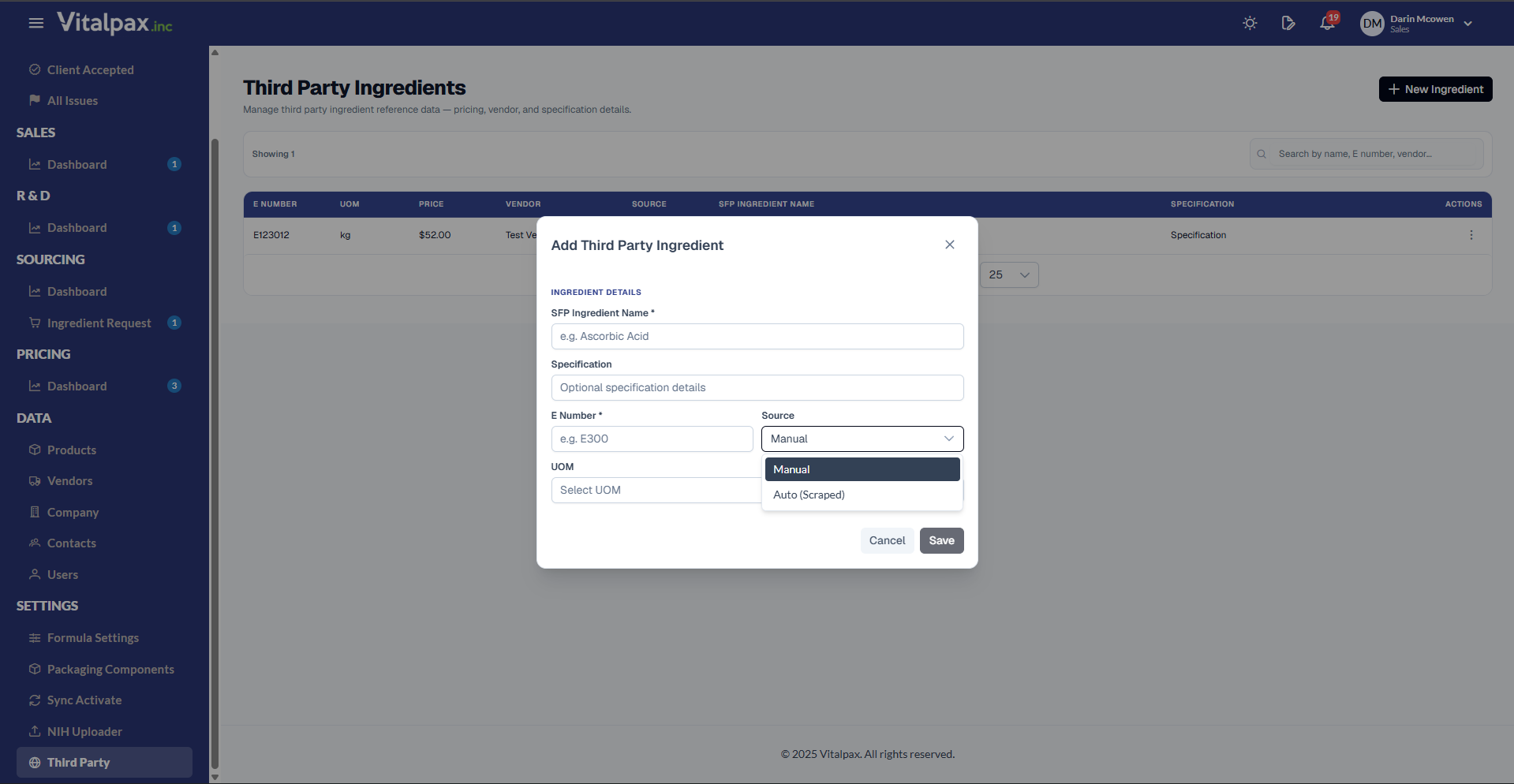 Add Third Party Ingredient modal over the same list, with Ingredient Details fields - SFP Ingredient Name, Specification, E Number, UOM - and a Source dropdown open to reveal two options, 'Manual' (selected) and 'Auto (Scraped)', above Cancel and Save buttons