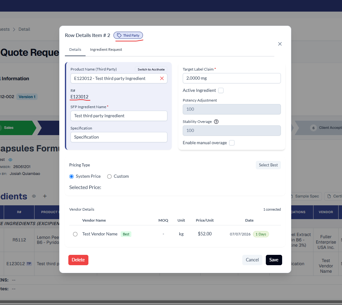 Row Details Item #2 modal inside a Quote Request, with a blue 'Third Party' pill circled in red and a 'Switch to Acctivate' link, showing the Third Party product E123012 - Test third party Ingredient, its SFP name and specification, a Target Label Claim of 2.0000 mg, and a Vendor Details row for Test Vendor Name (Best) at $52.00/kg, above Delete, Cancel, and Save