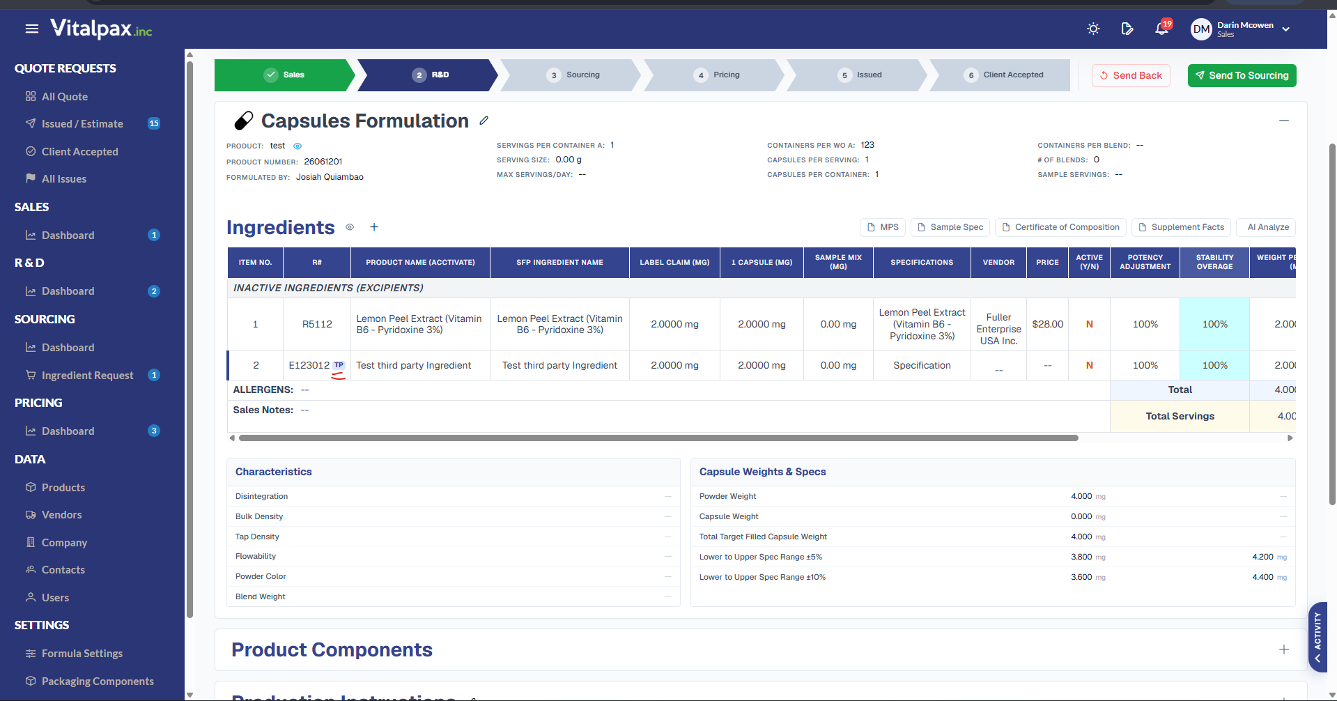 Capsules Formulation screen in the R&D stage, Ingredients table with two inactive-ingredient (excipient) rows; item 2 is E123012 carrying a small orange 'TP' badge beside the R# with 'Test third party Ingredient' as its SFP name, 2.0000 mg label claim and 100% potency, sitting next to a standard Active ingredient (Lemon Peel Extract) - a Third Party ingredient pulled into a live formulation
