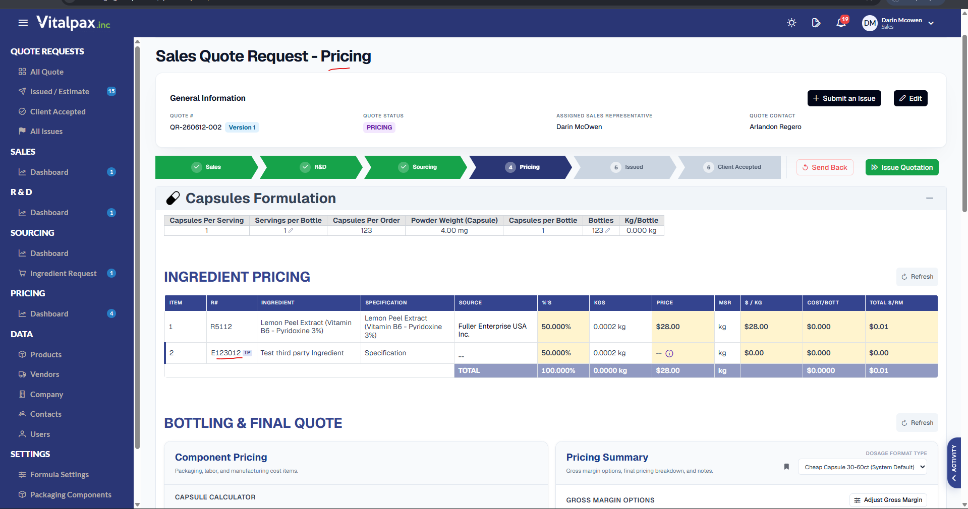 Sales Quote Request - Pricing screen (QR-260612-002, Version 1, assigned to Darin McOwen) with an Ingredient Pricing table; item 2 is E123012 marked with an orange 'TP' badge, 'Test third party Ingredient', Specification, 50% share, 0.0002 kg and a $0.00 price with an info icon, next to the standard Lemon Peel Extract row at $28.00 - the Third Party ingredient flowing through to the Pricing tab