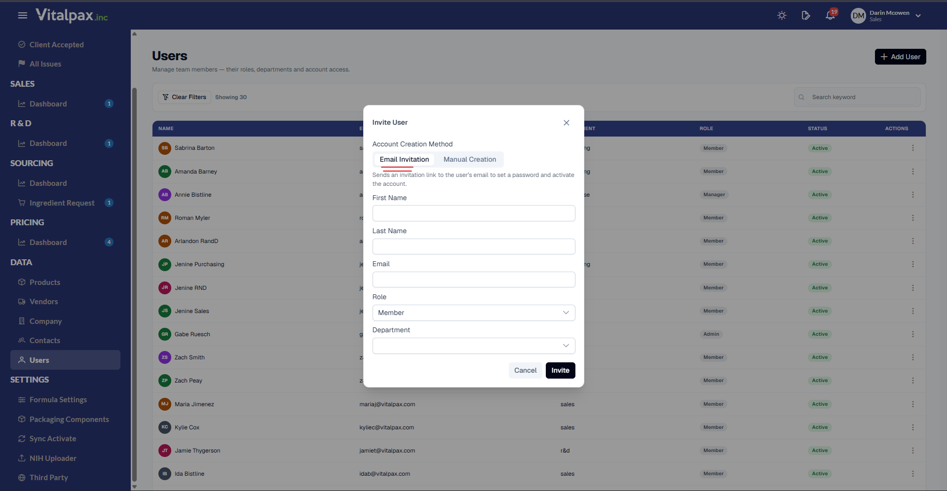 Users management screen with an Invite User modal open, offering Email Invitation versus Manual Creation account-creation methods and First Name, Last Name, Email, Role, and Department fields with an Invite button - the invitation flow whose single-use activation links are now confined to internal delivery logs