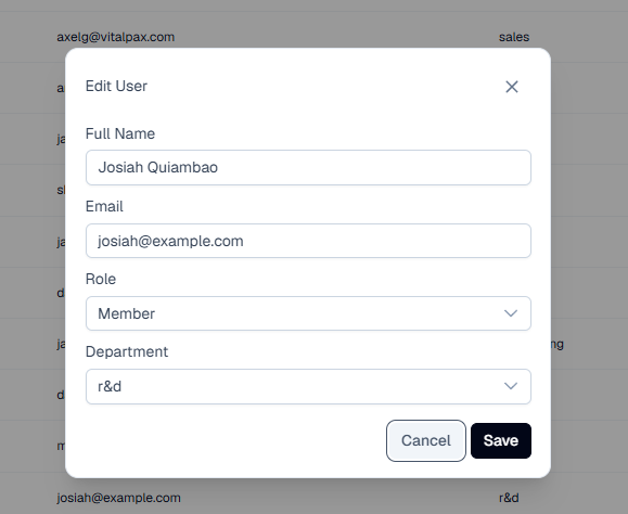 Edit User modal showing a Full Name field (Josiah Quiambao), an Email field, a Role dropdown set to Member, and a Department dropdown set to r&d, with Cancel and Save buttons - the role-change path now guarded by hard-coded permission checks in the database routing layer