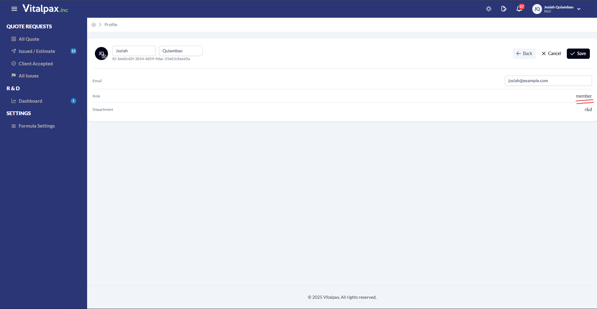 User Profile page for Josiah Quiambao (editable first and last name fields and an account ID) showing Email, a Role row reading 'member' underlined in red, and a Department row reading 'r&d', with Back, Cancel, and Save controls - the profile save whose validation now separates ordinary edits from core system settings