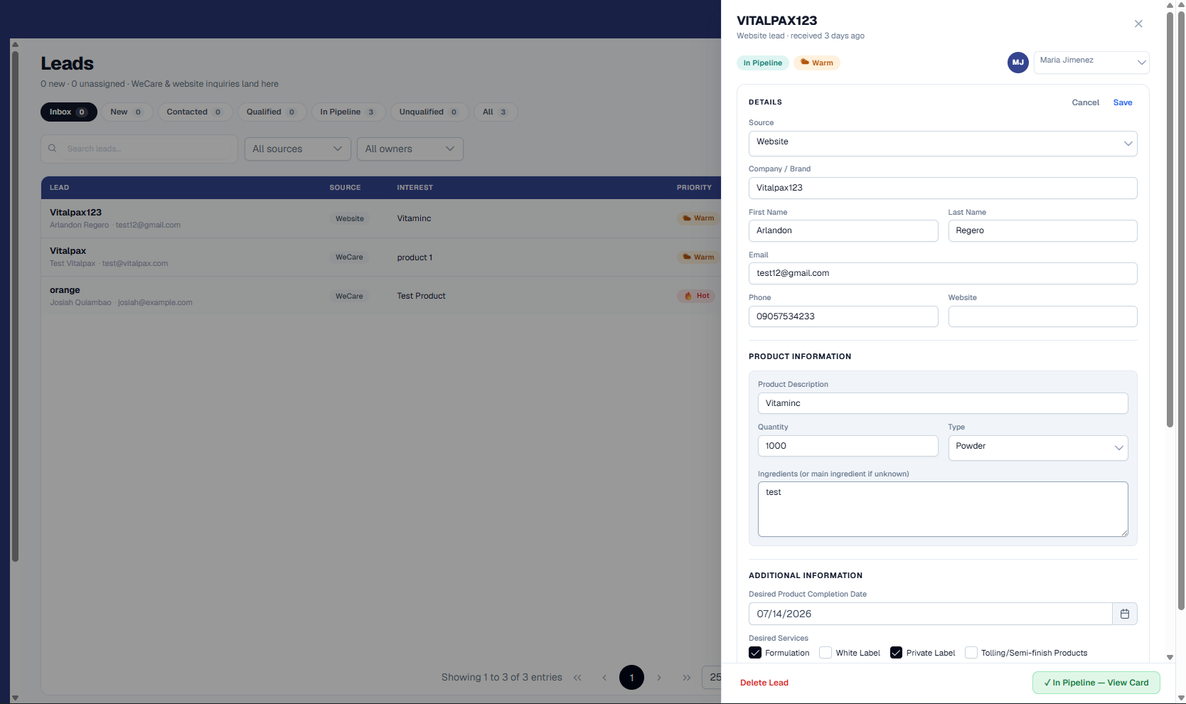 Lead drawer for 'VITALPAX123' in edit mode (Cancel / Save at top). Editable fields include Source (Website), Company/Brand (Vitalpax123), First Name Arlandon, Last Name Regero, Email test12@gmail.com, Phone, and Website. A Product Information block holds Product Description Vitaminc, Quantity 1000, Type Powder, and Ingredients. Additional Information shows a Desired Product Completion Date of 07/14/2026 and Desired Services checkboxes with Formulation and Private Label checked.