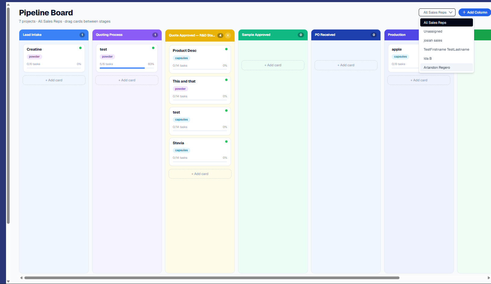 Pipeline Board titled '7 projects - All Sales Reps - drag cards between stages' with the 'All Sales Reps' filter dropdown open at the top right (All Sales Reps, Unassigned, josiah sales, TestFirstname TestLastname, Ida B, Arlandon Regero). Color-coded columns run Lead Intake (Creatine card), Quoting Process (test card), Quote Approved - R&D Stage (Product Desc, This and that, test, Stevia cards), Sample Approved, PO Received, Production (apple card), and Won, each card showing a dosage-format tag and task-progress bar.
