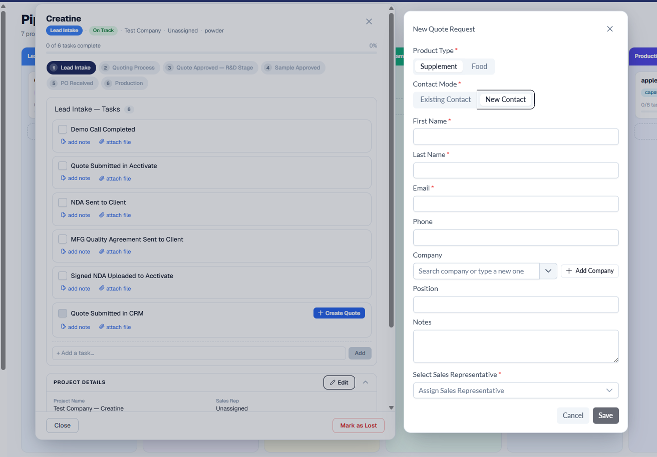 The Creatine Lead Intake card with a 'New Quote Request' modal open side-by-side. The modal has Product Type (Supplement / Food), Contact Mode (Existing Contact / New Contact selected), First Name, Last Name, Email, Phone, a Company search with an Add Company button, Position, Notes, and a Select Sales Representative dropdown, ending in Cancel and Save buttons.