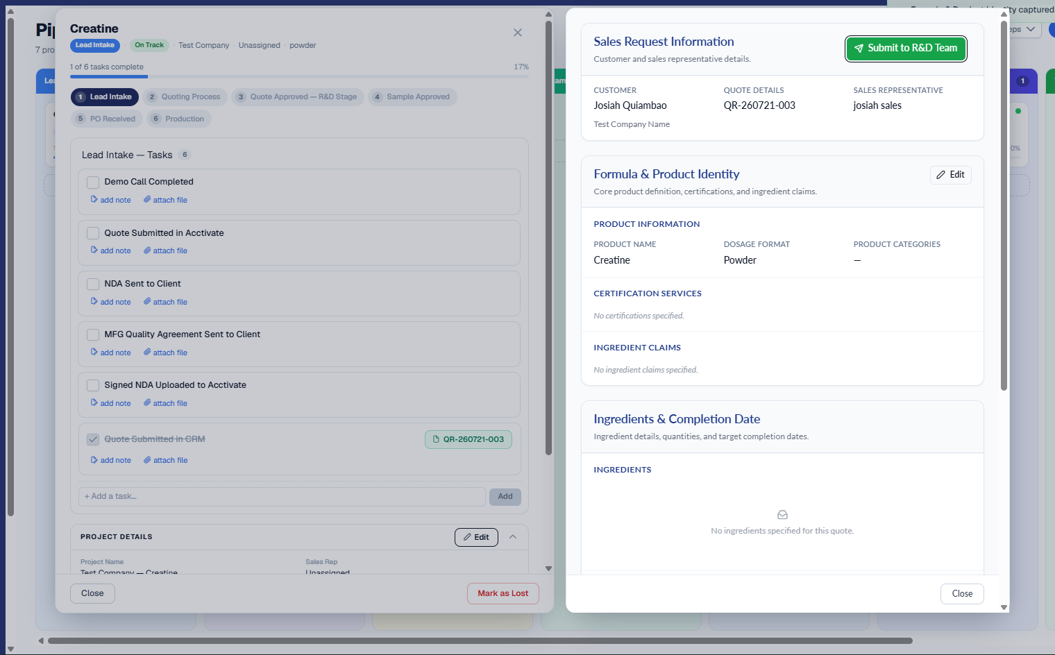 The Creatine card after the quote is created: the 'Quote Submitted in CRM' task is now checked and shows a green 'QR-260721-003' chip (1 of 6 tasks complete). A right-hand 'Sales Request Information' panel lists customer Josiah Quiambao, Quote Details QR-260721-003, and sales rep josiah sales, with a green 'Submit to R&D Team' button and a Formula & Product Identity section showing product name Creatine and dosage format Powder.