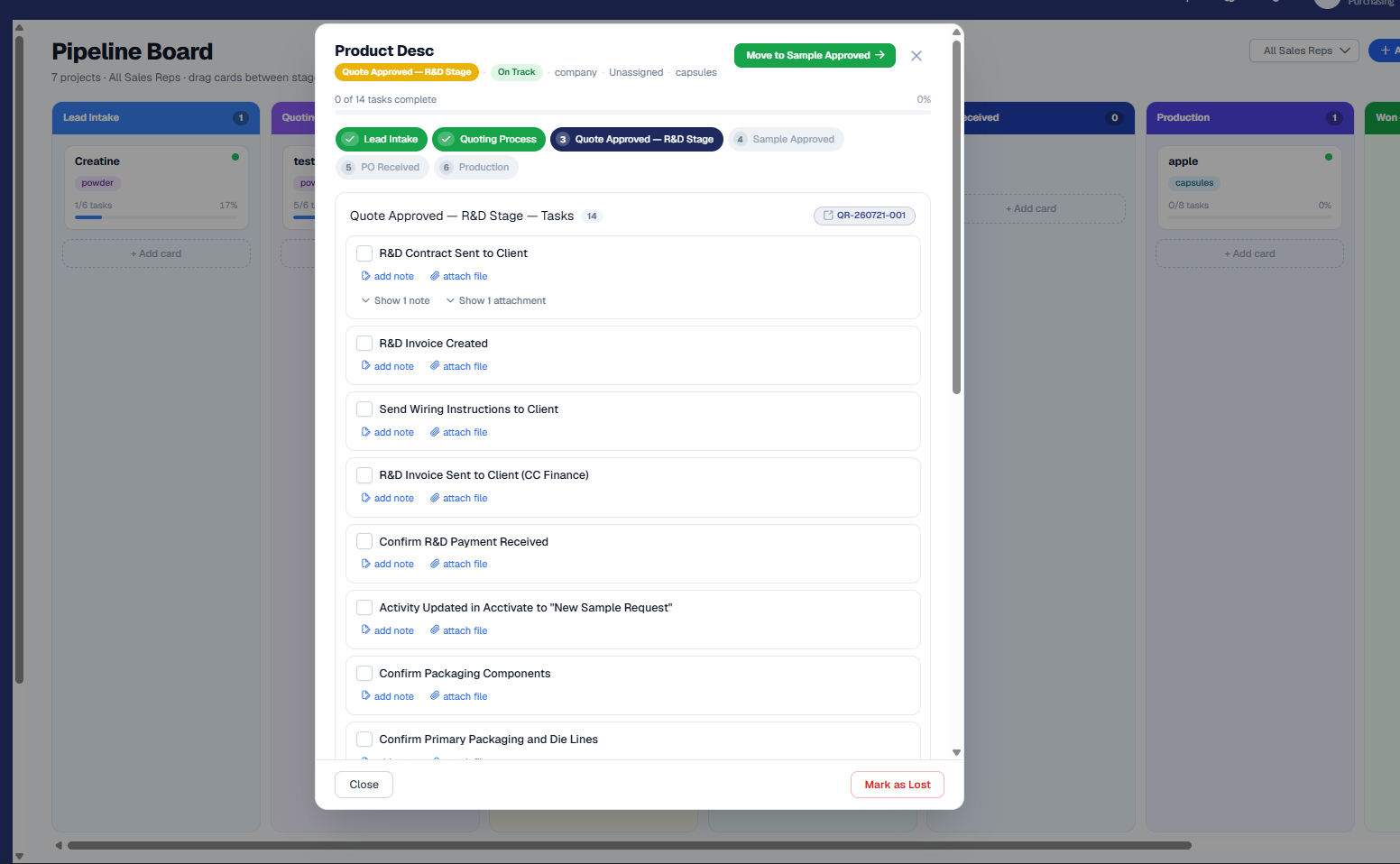 Pipeline card 'Product Desc' in the Quote Approved - R&D Stage with a green 'Move to Sample Approved' pill at the top right (0 of 14 tasks). The 14-item R&D checklist includes R&D Contract Sent to Client (with 'Show 1 note' and 'Show 1 attachment'), R&D Invoice Created, Send Wiring Instructions to Client, R&D Invoice Sent to Client (CC Finance), Confirm R&D Payment Received, Activity Updated in Acctivate to 'New Sample Request', Confirm Packaging Components, and Confirm Primary Packaging and Die Lines, linked to quote QR-260721-001.