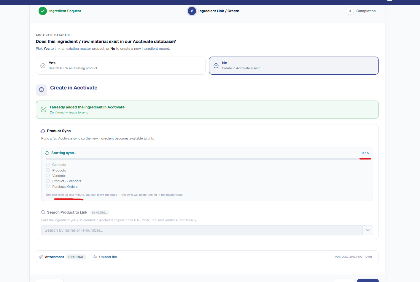 Ingredient Request wizard on step 2 'Ingredient Link / Create', with the 'No - Create in Acctivate & sync' option selected and a confirmation 'I already added the ingredient in Acctivate'. A Product Sync panel shows a live sync in progress: a 'Starting sync...' label with a 0 / 5 counter and progress bar, a five-step checklist (Contacts, Products, Vendors, Product - Vendors, Purchase Orders), and helper text 'This can take up to a minute. You can leave the page - the sync will keep running in the background' underlined in red, above a Search Product to Link field marked SYNCING.