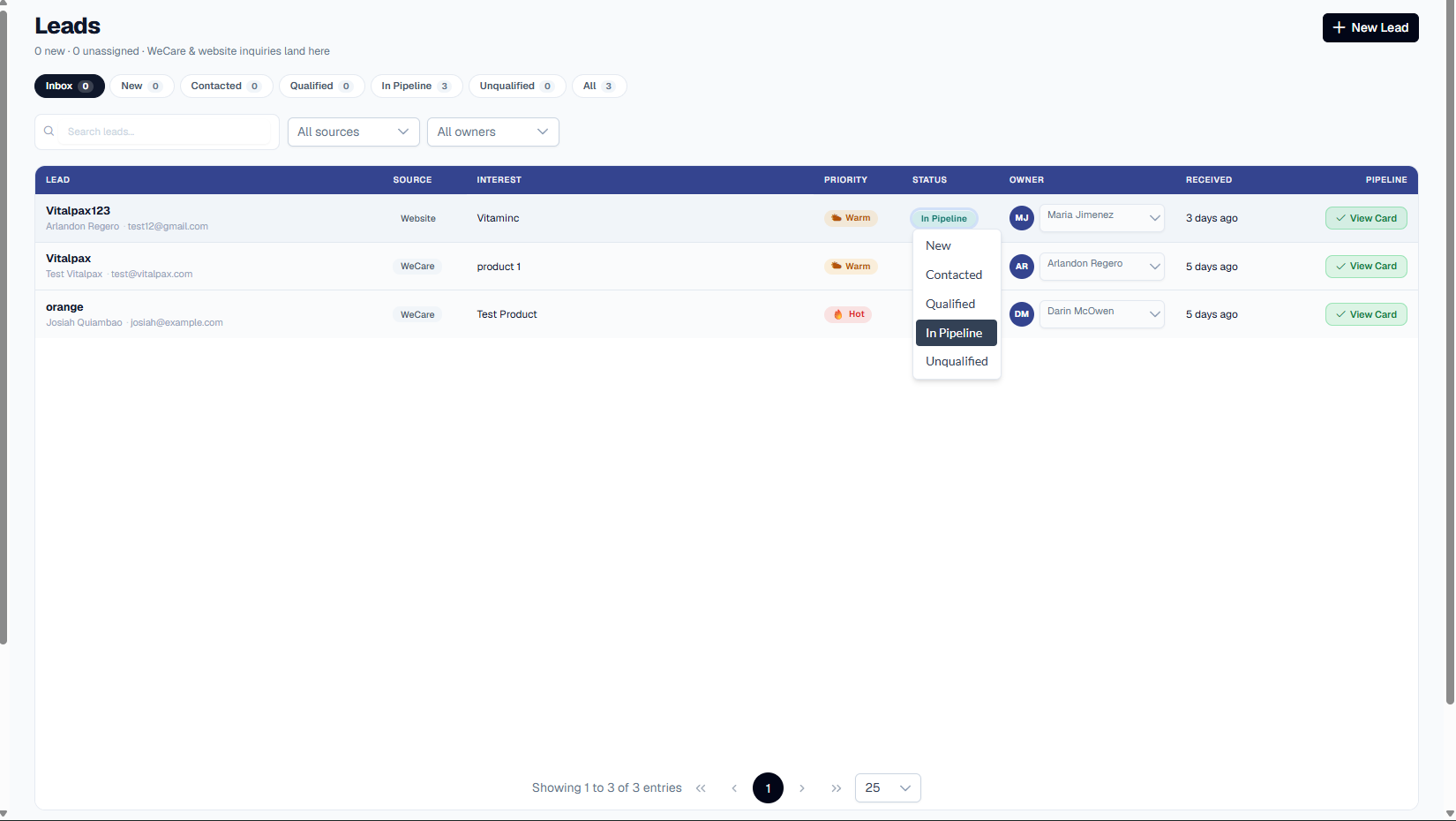 Leads page ('WeCare & website inquiries land here') with tab filters (Inbox, New, Contacted, Qualified, In Pipeline 3, Unqualified, All 3) and source/owner dropdowns. The Status dropdown is open on the top row (Vitalpax123) showing options New, Contacted, Qualified, In Pipeline (highlighted), and Unqualified. Three lead rows - Vitalpax123, Vitalpax, and orange - show Warm and Hot priority flags, owner assignment dropdowns, Received times, and green View Card buttons.