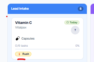 Close-up of the first card in the Lead Intake column (count 5): a 'Vitamin C' card for Vitalpax with a green 'Today' age chip in the top-right, an unassigned '?' owner avatar, a Capsules dosage tag, a 0/6 tasks progress row at 0%, and a light-amber 'Rush' pill with a lightning bolt icon at the bottom of the card body, underlined in red.
