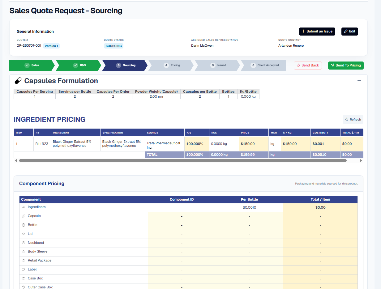 The Sales Quote Request - Sourcing page for QR-260707-001 Version 1, status SOURCING, Sales Rep Darin McOwen, contact Arlandon Regero, with the six-step stepper on Sourcing and Send Back / Send To Pricing buttons. A Capsules Formulation summary sits above INGREDIENT PRICING, which lists item 1 R11923 Black Ginger Extract 5% polymethoxyflavones from Trafa Pharmaceutical Inc. at 100.000%, 0.0000 kg, $159.99, $159.99 per kg, $0.001 cost/bottle. Beneath it the new full-width Component Pricing panel is captioned 'Packaging and materials sourced for this product.' with Component, Component ID, Per Bottle and Total / Item columns and rows for Ingredients ($0.0010 per bottle, $0.00 total), Capsule, Bottle, Lid, Neckband, Body Sleeve, Retail Package, Label, Case Box and Outer Case Box.
