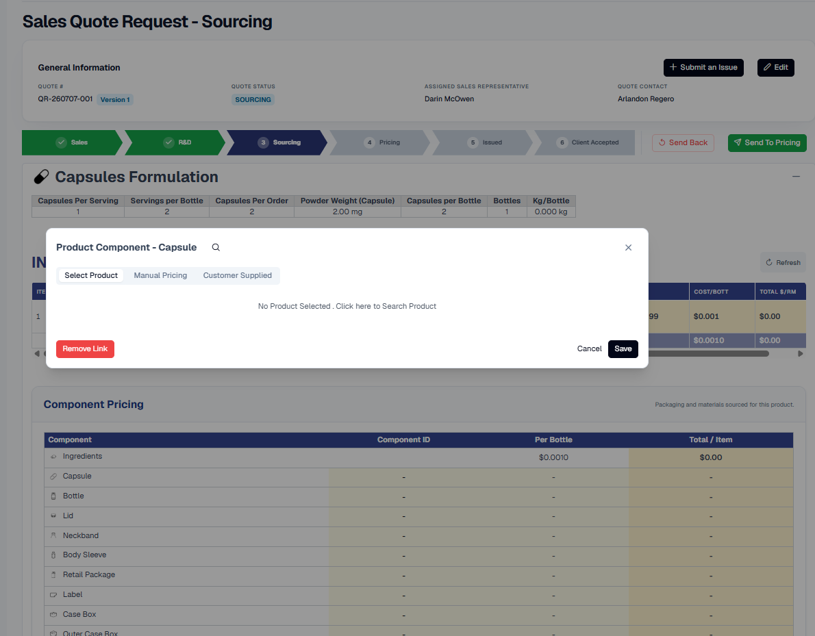 The same Sourcing page with a 'Product Component - Capsule' dialog open over it. The dialog offers three tabs - Select Product (active), Manual Pricing and Customer Supplied - and reads 'No Product Selected . Click here to Search Product' with a red Remove Link button on the left and Cancel / Save on the right. The Component Pricing table with Capsule, Bottle, Lid, Neckband, Body Sleeve, Retail Package, Label, Case Box and Outer Case Box rows is visible behind it.