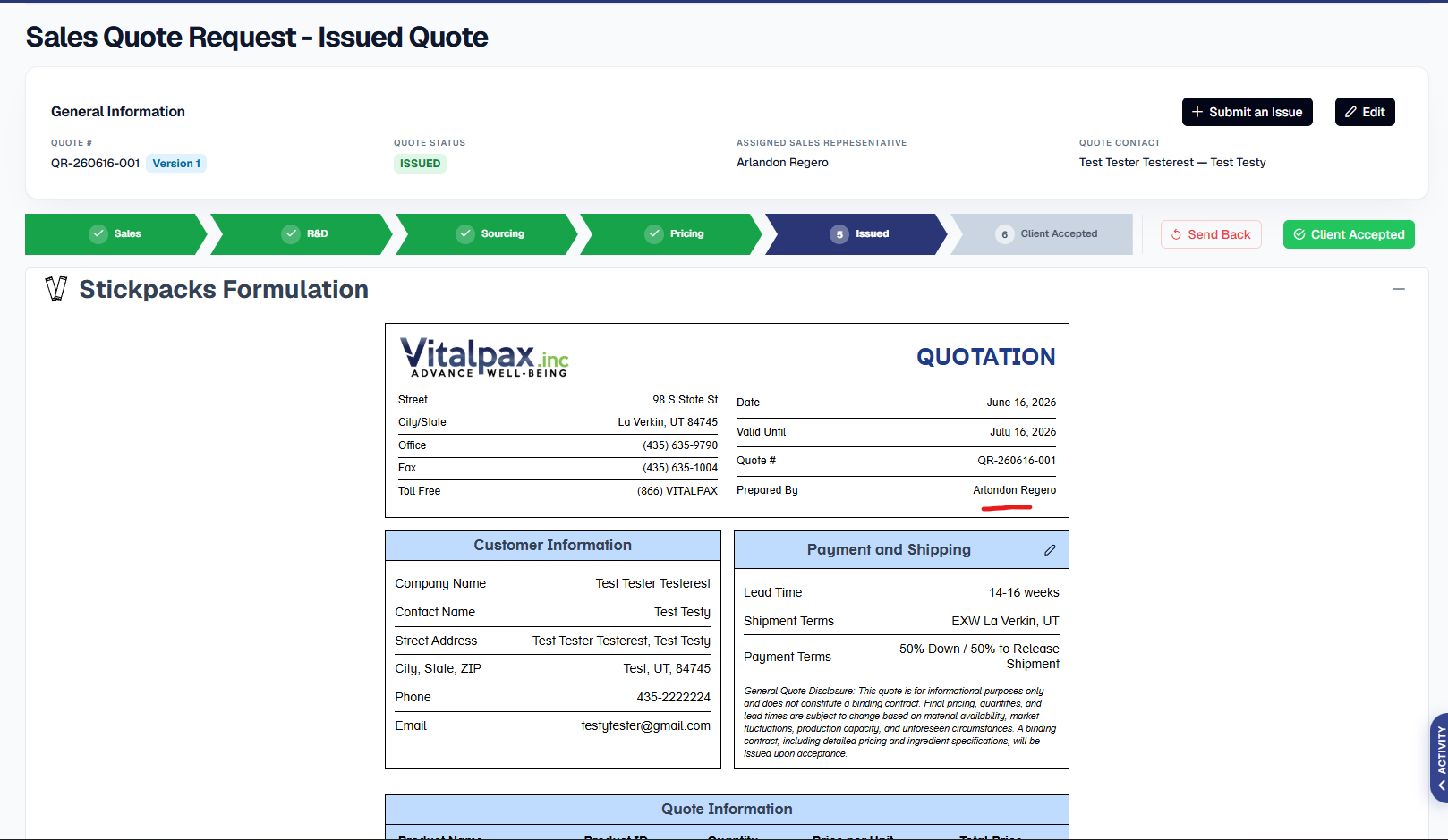 Issued Quote view for QR-260616-001 (Stickpacks Formulation, assigned to Arlandon Regero) showing the rendered Vitalpax quotation document; in the quotation header the Prepared By line reads 'Arlandon Regero' underlined in red, matching the Assigned Sales Representative, above Customer Information and Payment and Shipping panels