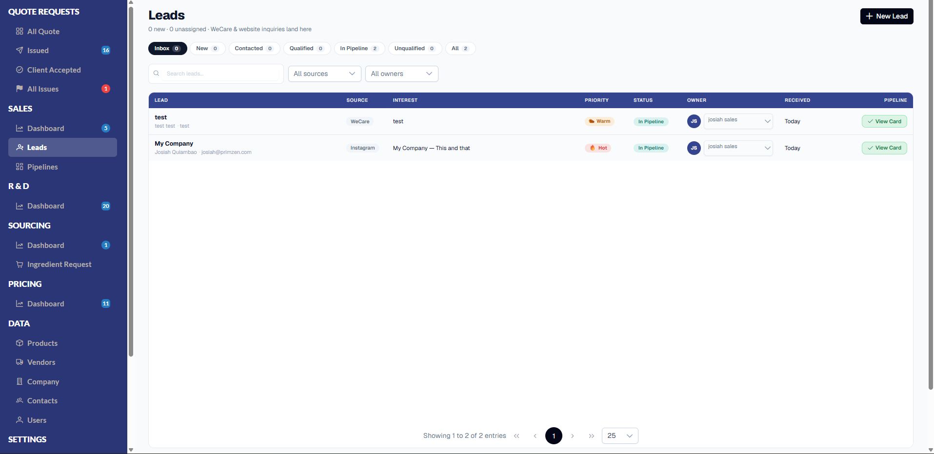 New Leads page under the Sales section of the sidenav, subtitled 'WeCare & website inquiries land here', with tab filters (Inbox, New, Contacted, Qualified, In Pipeline, Unqualified, All), source and owner dropdowns, and two lead rows showing source pills (WeCare, Instagram), Warm/Hot priority flags, In Pipeline status chips, owner assignment dropdowns, and green View Card buttons