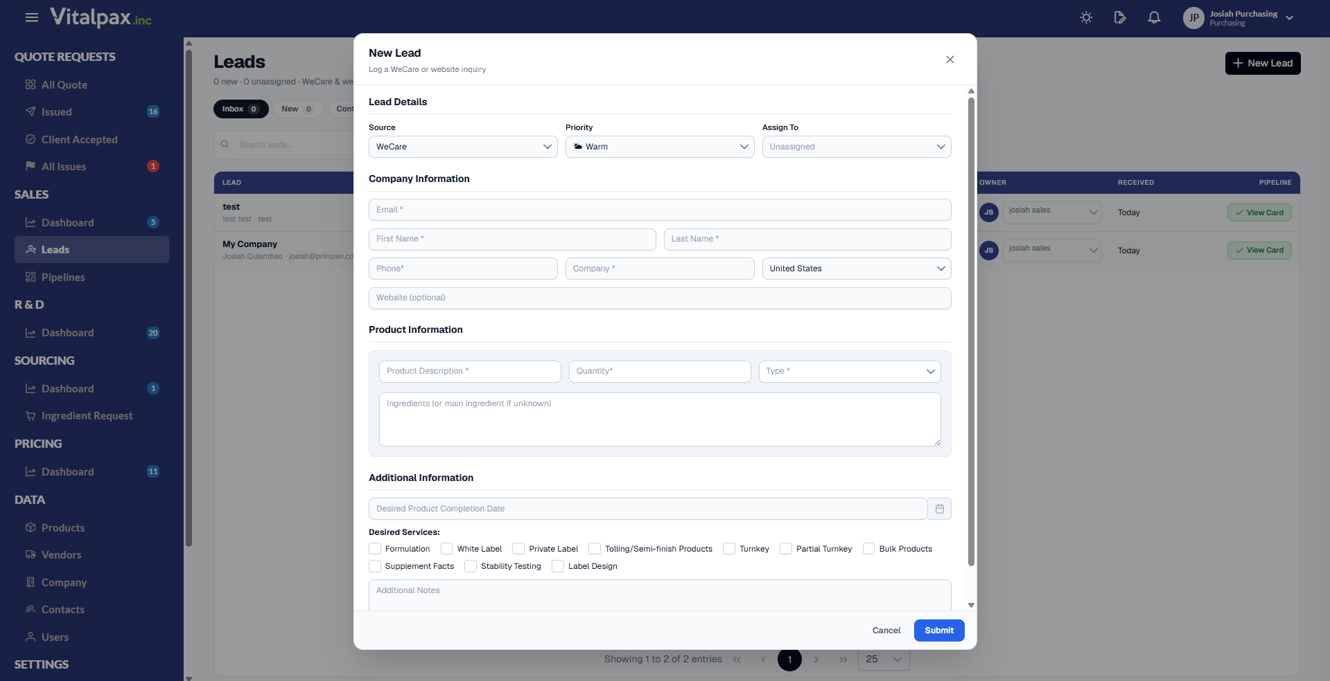 New Lead dialog titled 'Log a WeCare or website inquiry' with Lead Details (Source, Priority, Assign To), Company Information (email, name, phone, company, country, website), Product Information (description, quantity, type, ingredients), and Additional Information including a Desired Services checkbox list (Formulation, White Label, Private Label, Tolling, Turnkey, Bulk Products, and more)