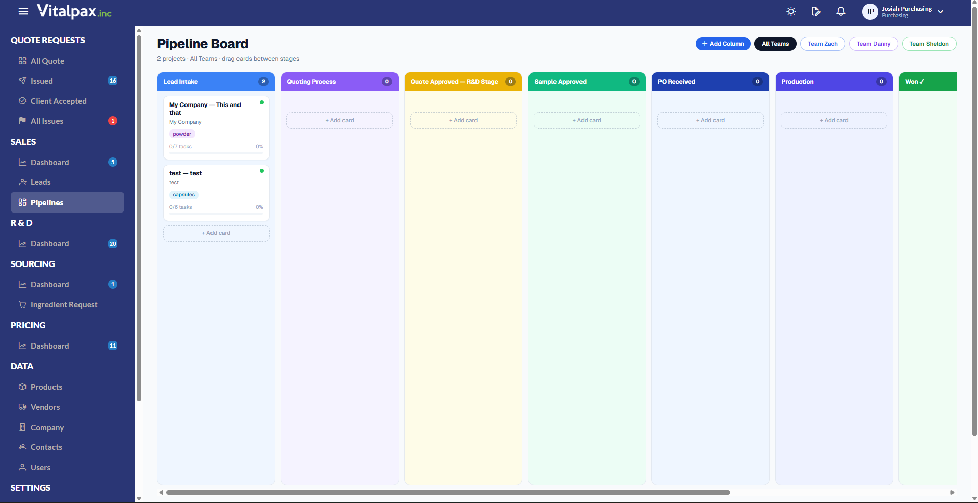 Pipeline Board Kanban under the Sales sidenav with team filter buttons (All Teams, Team Zach, Team Danny, Team Sheldon) and color-coded columns for Lead Intake (2 cards), Quoting Process, Quote Approved - R&D Stage, Sample Approved, PO Received, Production, and Won, with two lead cards showing dosage-format tags and task progress bars