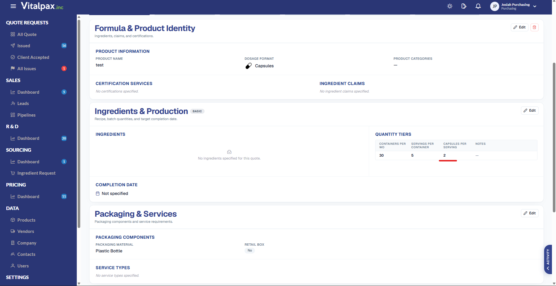 Quote detail page viewed by Josiah Purchasing showing the Formula & Product Identity and Ingredients & Production sections; the Quantity Tiers table on the right lists Containers per WO 30, Servings per Container 5, and the new Capsules per Serving column with value 2 underlined in red