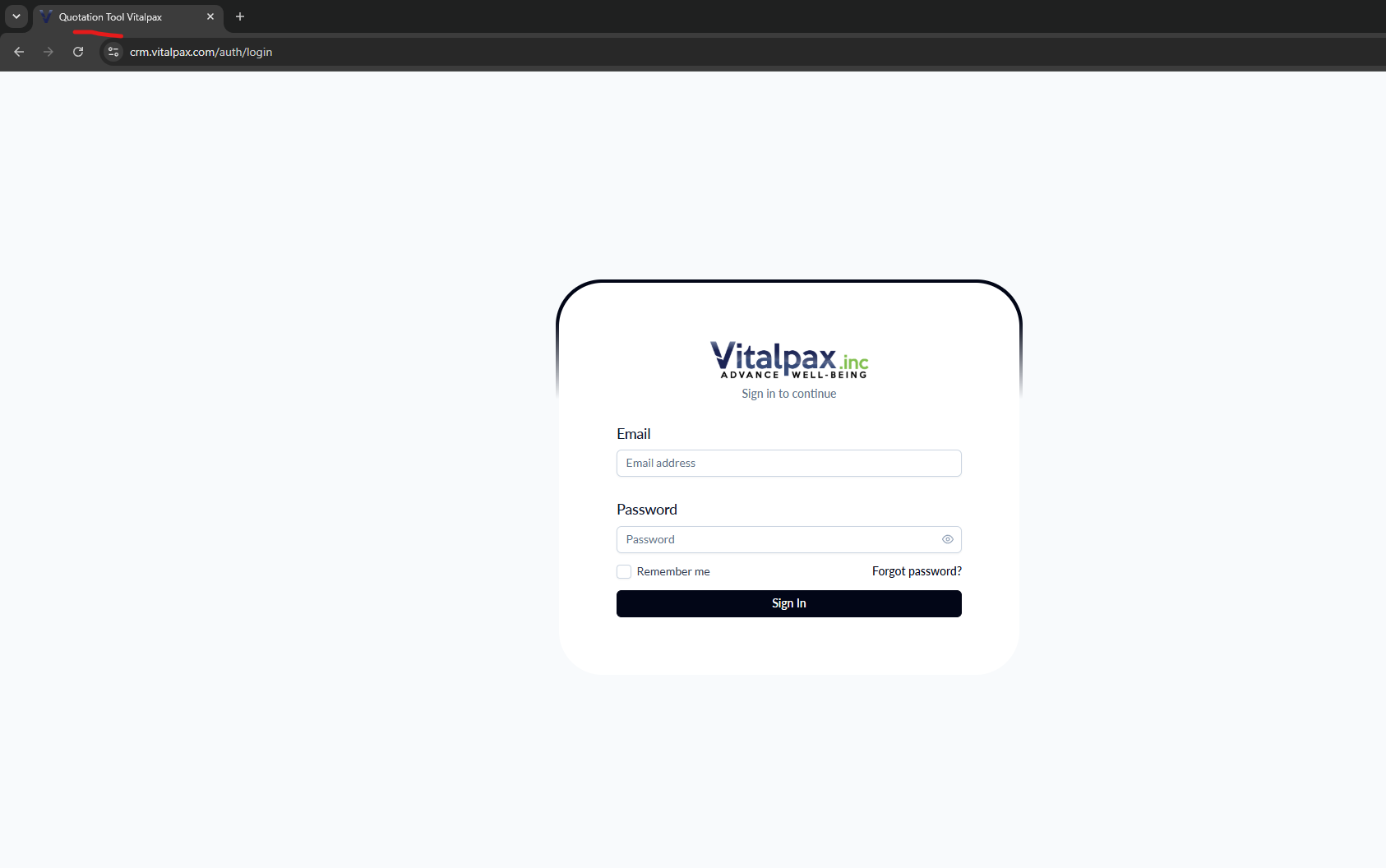 Browser window on crm.vitalpax.com/auth/login where the tab shows the new V-only Vitalpax favicon and the title 'Quotation Tool Vitalpax' underlined in red, above the Vitalpax 'Sign in to continue' login card with Email and Password fields