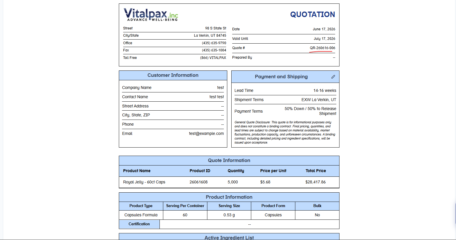 Quotation PDF for 'Royal Jelly - 60ct Caps' from Vitalpax Inc dated June 17 2026, with the Quote # field reading the official 'QR-260616-006' (underlined red) rather than a timestamp fallback, alongside Customer Information, Payment and Shipping, and a Quote Information row (5,000 units at $5.68 = $28,417.86)