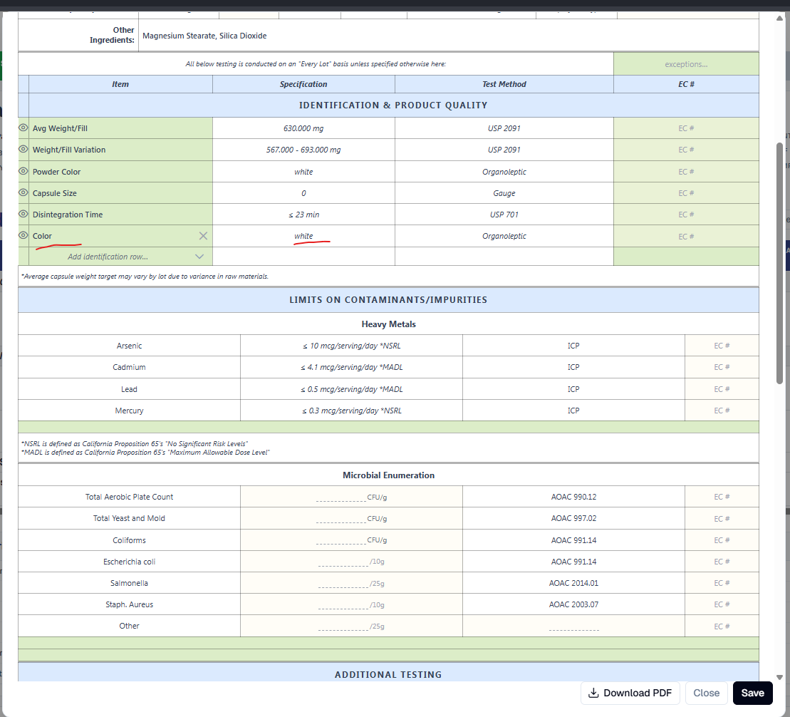 Same Master Product Specification editor after adding a Color identification row (value 'white', method Organoleptic, both underlined red) complete with an inline remove (X) control, sitting beneath Avg Weight/Fill, Weight/Fill Variation, Powder Color, Capsule Size, and Disintegration Time rows in the Identification & Product Quality table
