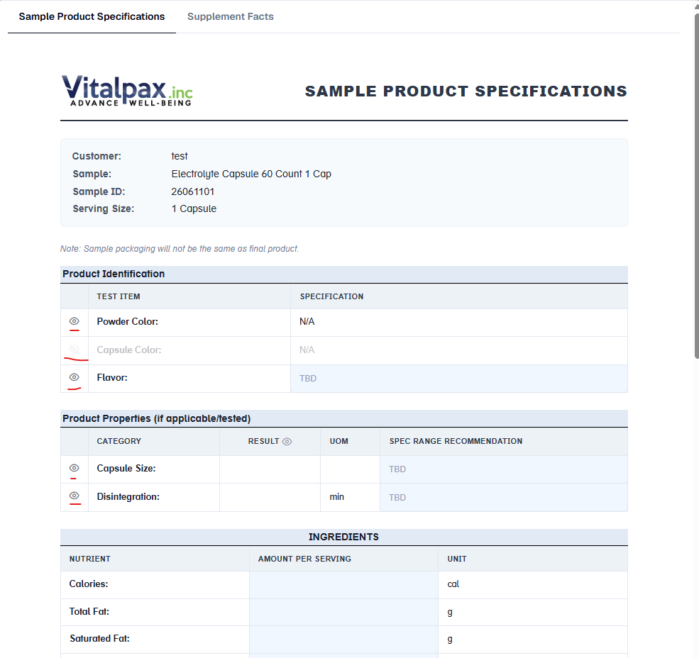 Sample Product Specifications editor for 'Electrolyte Capsule 60 Count 1 Cap' (Customer: test, Sample ID 26061101), with a Product Identification table where each row carries an eye visibility toggle - Powder Color and Flavor active, Capsule Color greyed out and hidden - and a Product Properties table (Capsule Size, Disintegration) with the same per-row eye controls, several underlined in red