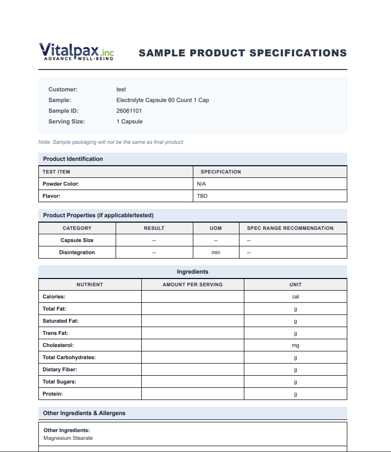 Generated Sample Product Specifications PDF for the same Electrolyte Capsule sample showing the Customer field populated as 'test', a Product Identification table now listing only the visible Powder Color and Flavor rows (the hidden Capsule Color row omitted), the Product Properties table (Capsule Size, Disintegration), and the Ingredients nutrient panel