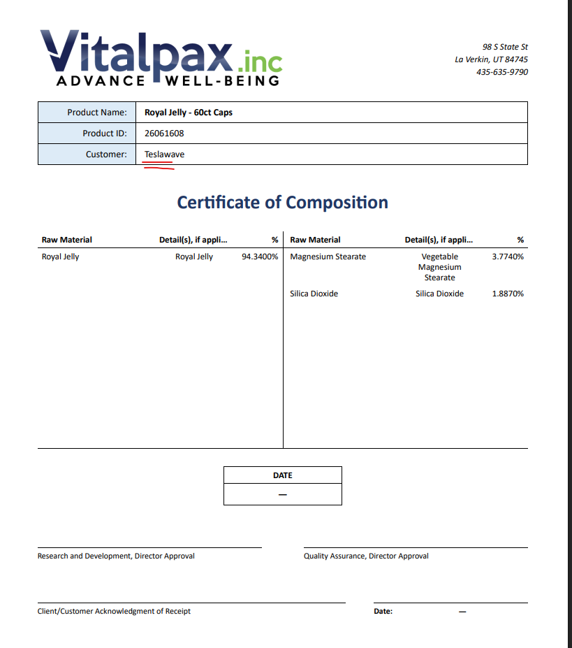 Certificate of Composition for 'Royal Jelly - 60ct Caps' (Product ID 26061608) from Vitalpax Inc, La Verkin UT, with the new Customer field populated as 'Teslawave' (underlined red) in the header block, above a raw-material composition table (Royal Jelly 94.34%, Magnesium Stearate 3.77%, Silica Dioxide 1.89%) and R&D / QA director approval signature lines